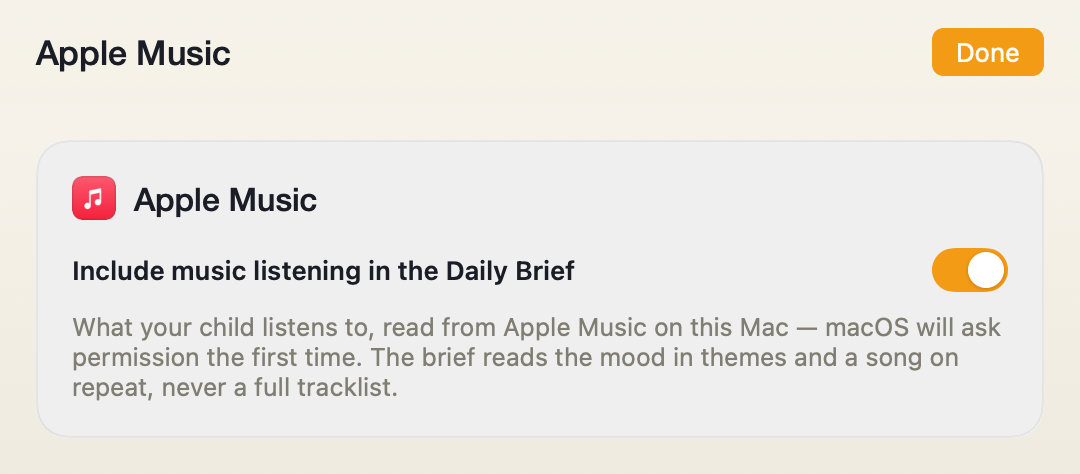The Apple Music source screen in Porchlight Settings