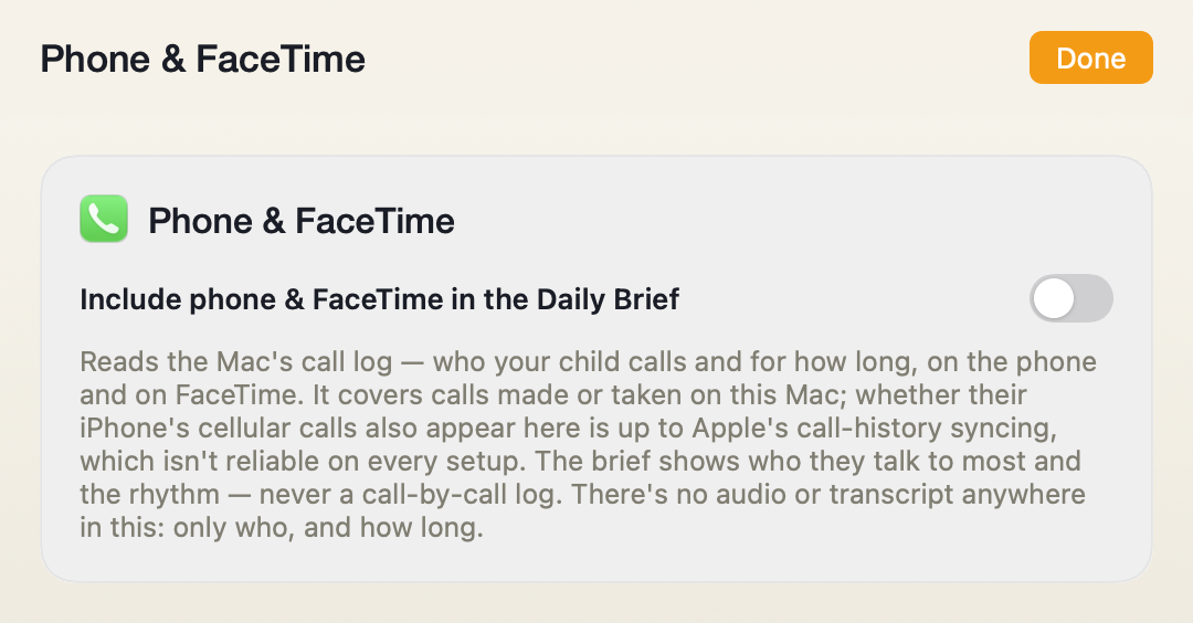 The Phone & FaceTime source screen in Porchlight Settings