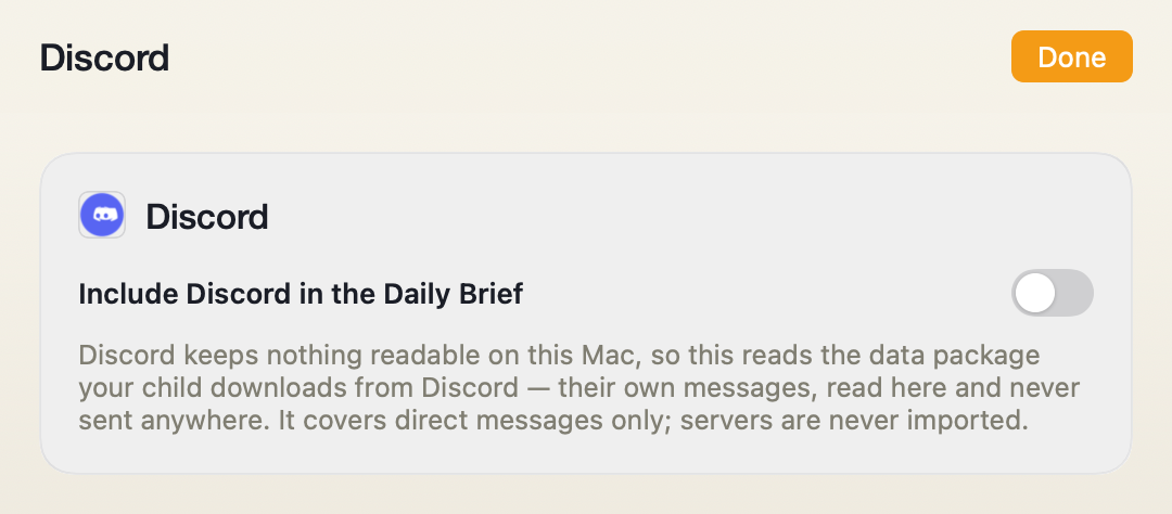 The Discord source screen in Porchlight Settings