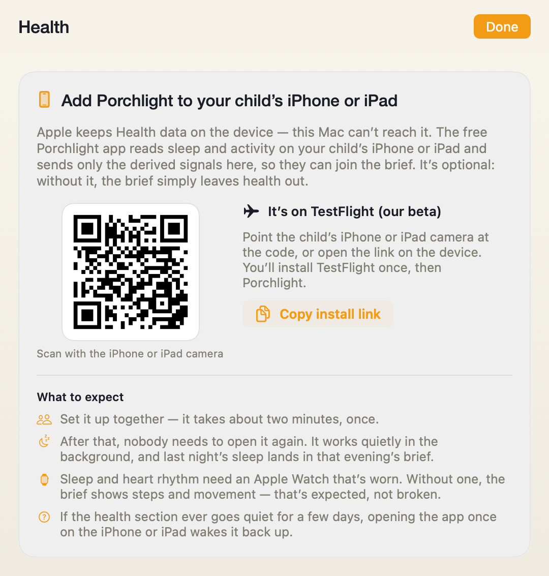 The Sleep & Activity source screen in Porchlight Settings