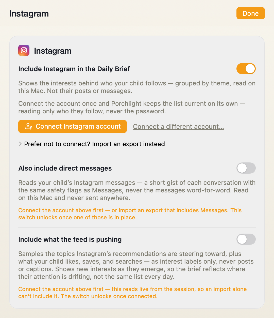 The Instagram source screen in Porchlight Settings