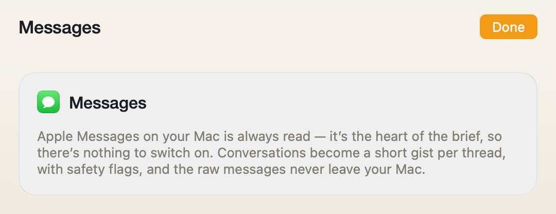 The Messages source screen in Porchlight Settings