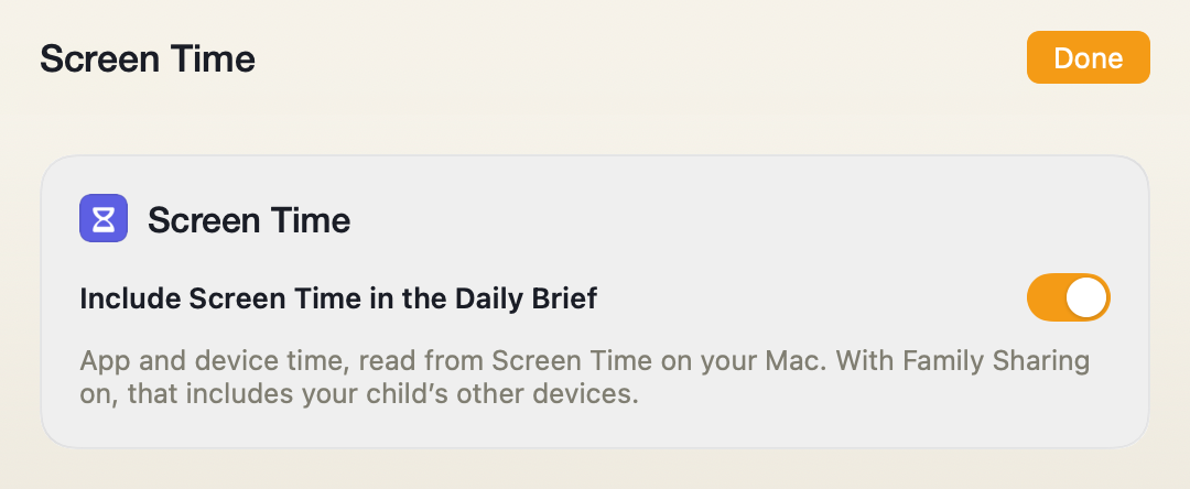 The Screen Time source screen in Porchlight Settings