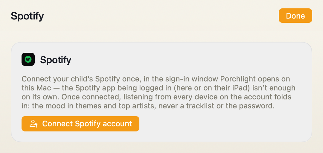 The Spotify source screen in Porchlight Settings