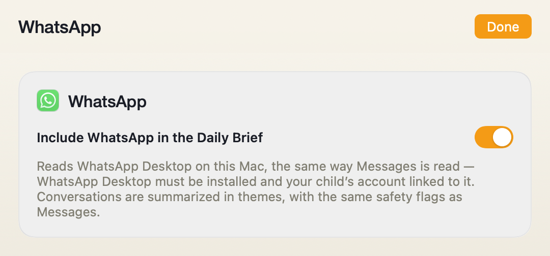 The WhatsApp source screen in Porchlight Settings