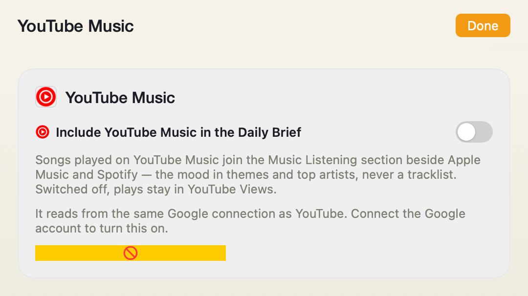 The YouTube Music source screen in Porchlight Settings